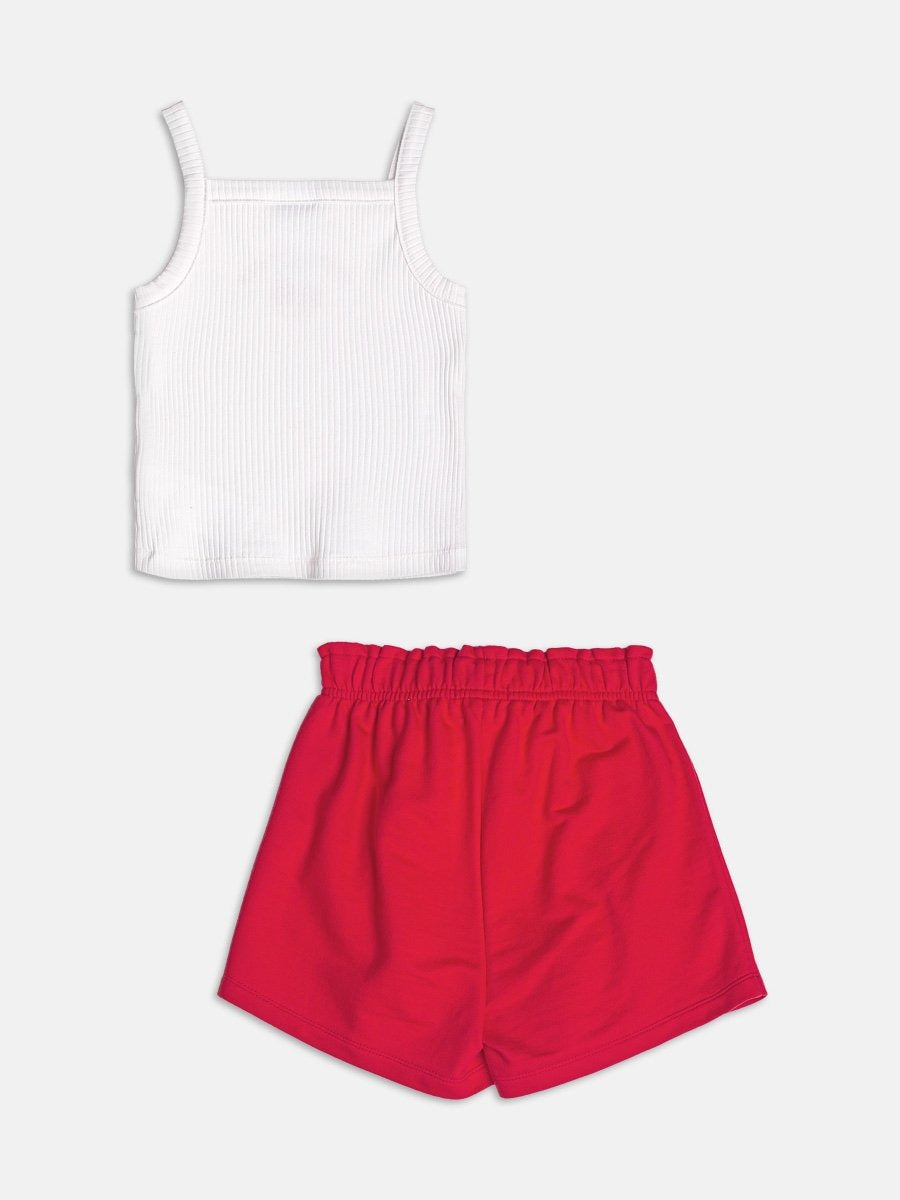 Conjunto Infantil Momi Verão com Shorts Vermelho Lacinho e Regata Branca Cerejinha