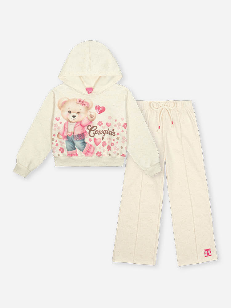 Conjunto Infantil Cinti Inverno com Calça e Moletom Flanelado Off White Ursinha Coração