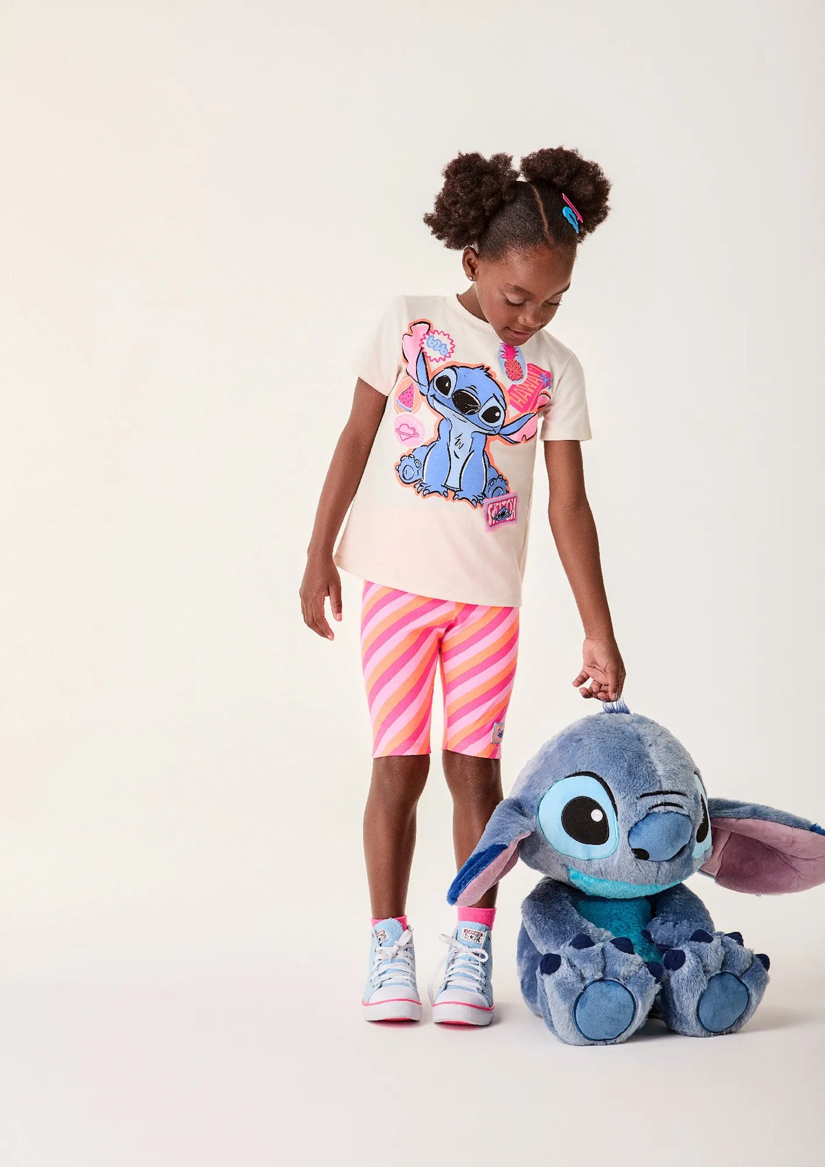 Conjunto Infantil Menina Bimbi Shorts Ciclista Listrado e Blusa Stitch Fruits Disney
