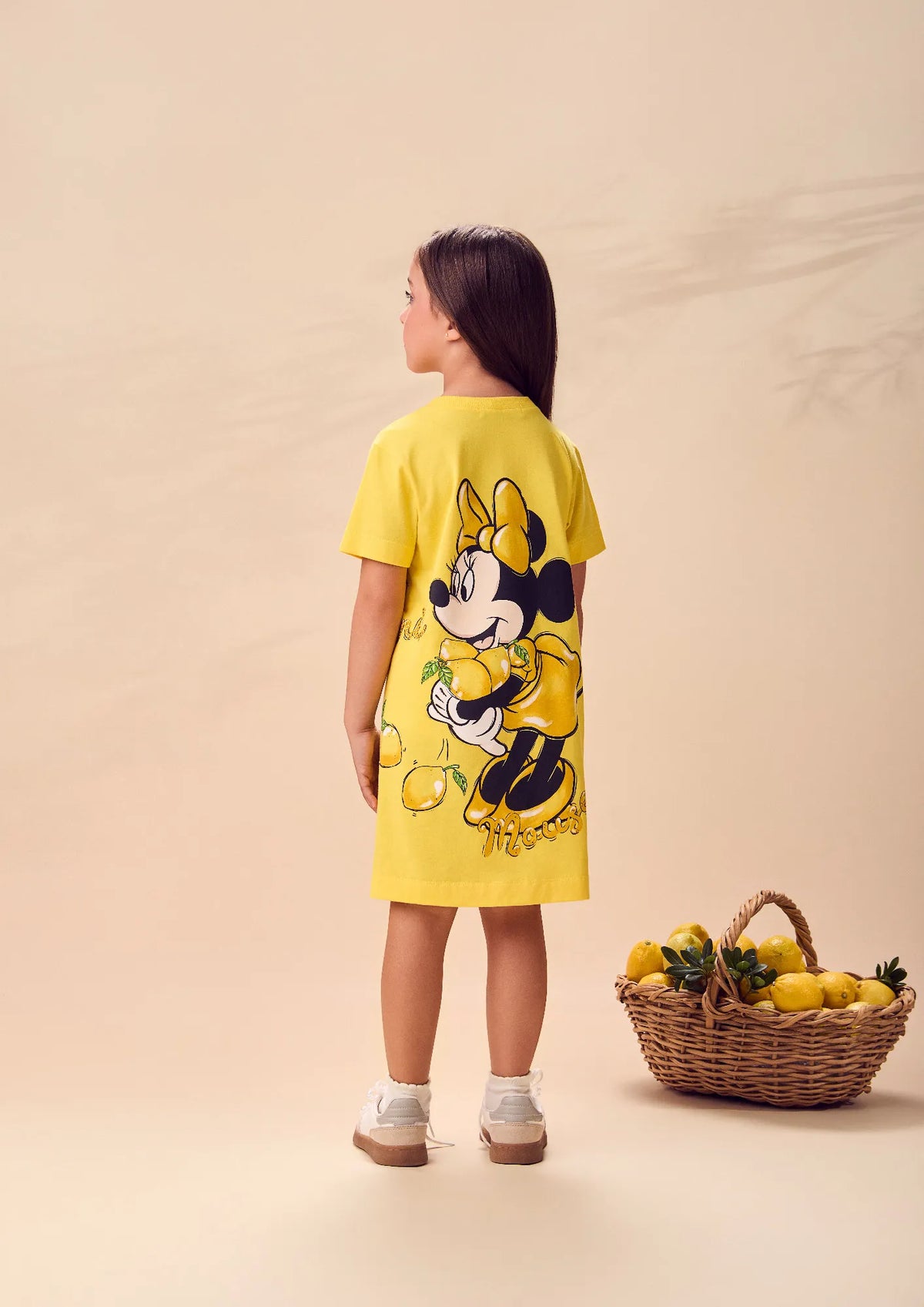 Vestido Infantil Animê Amarelo Mickey e Minnie Limãozinho Strass Disney