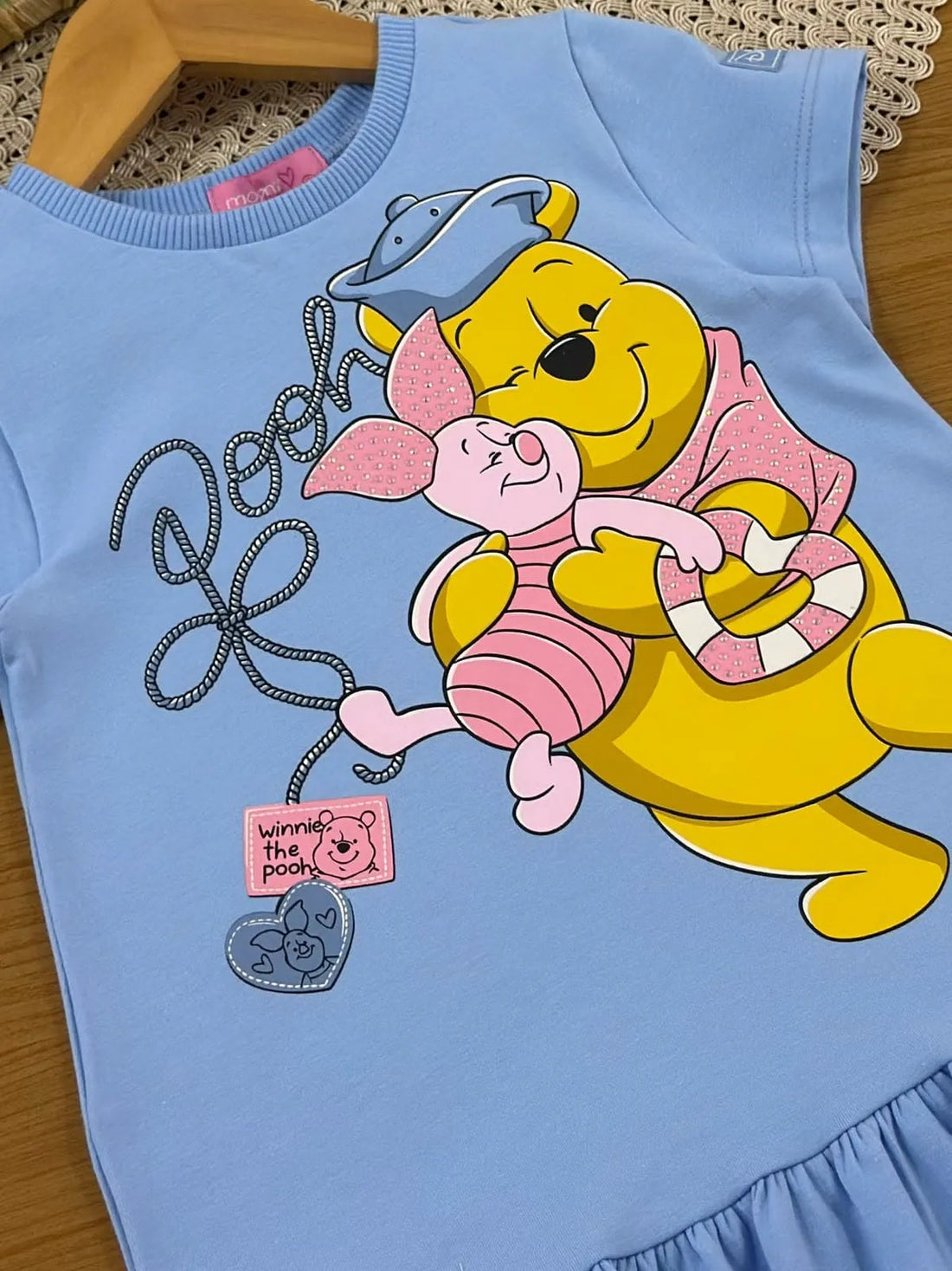 Vestido Infantil Momi Azul Ursinho Pooh Strass Disney