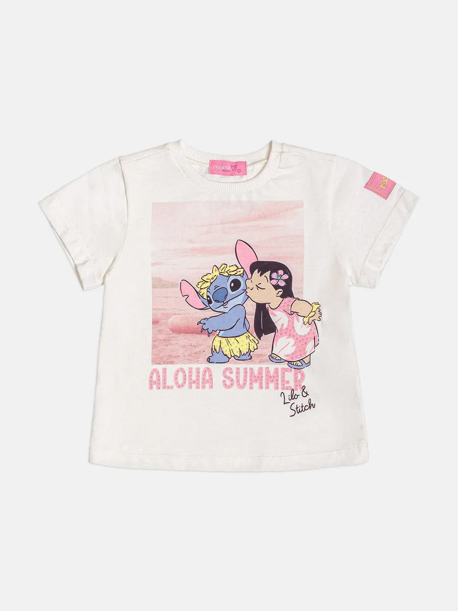 Blusa Infantil Menina Momi Off White Lilo e Stitch Strass Disney