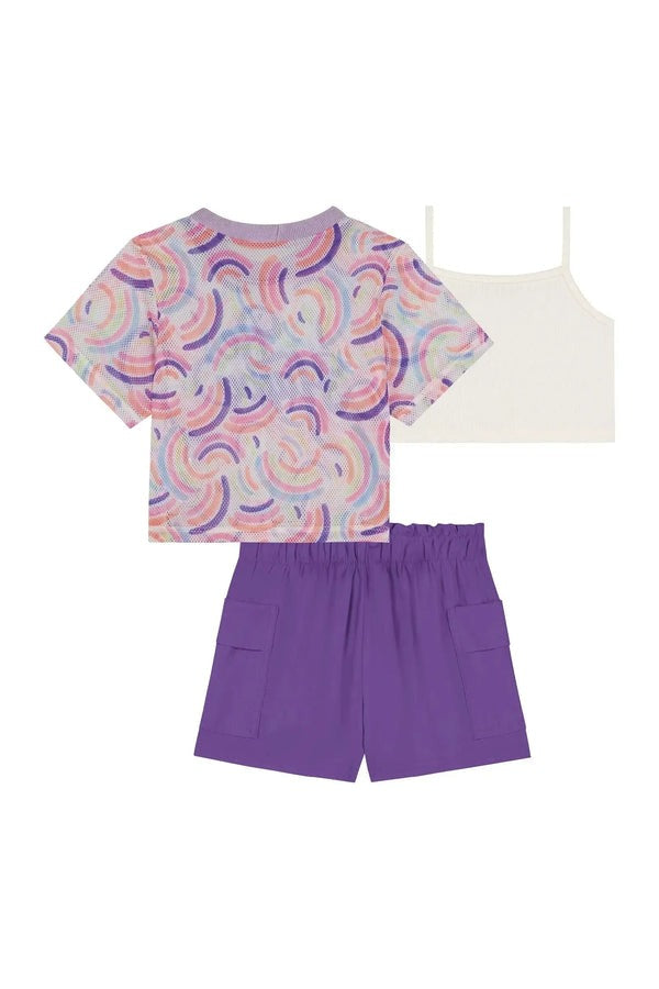 Conjunto Infantil Kukiê Verão com Shorts Roxo, Top e Sobreposição em Tela Arco-íris