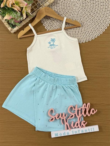 Conjunto Infantil Belime Verão com Shorts Saia Azul e Regata Branca Beach Lovers
