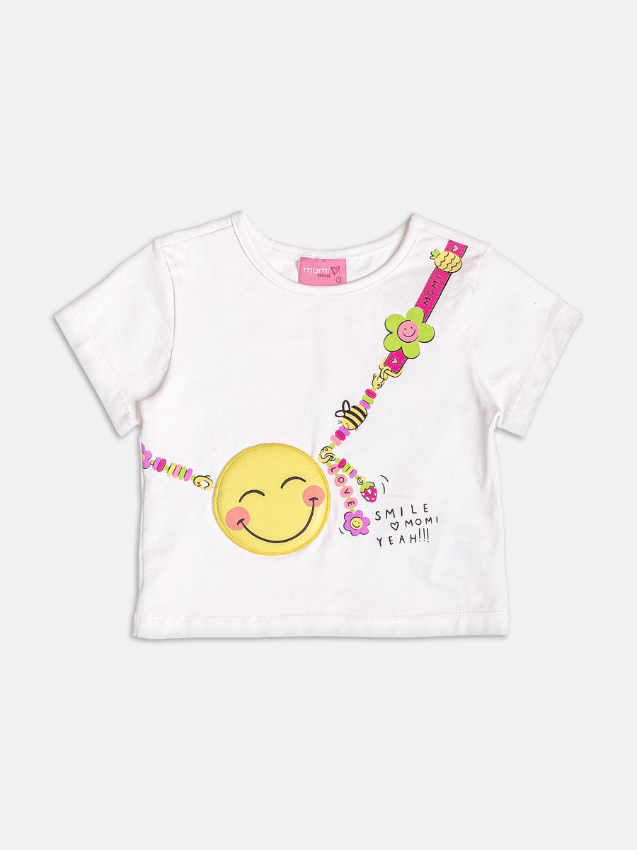 Conjunto Infantil Momi Verão com Saia Rosa e Blusa Branca Bolsinha Smile 3D