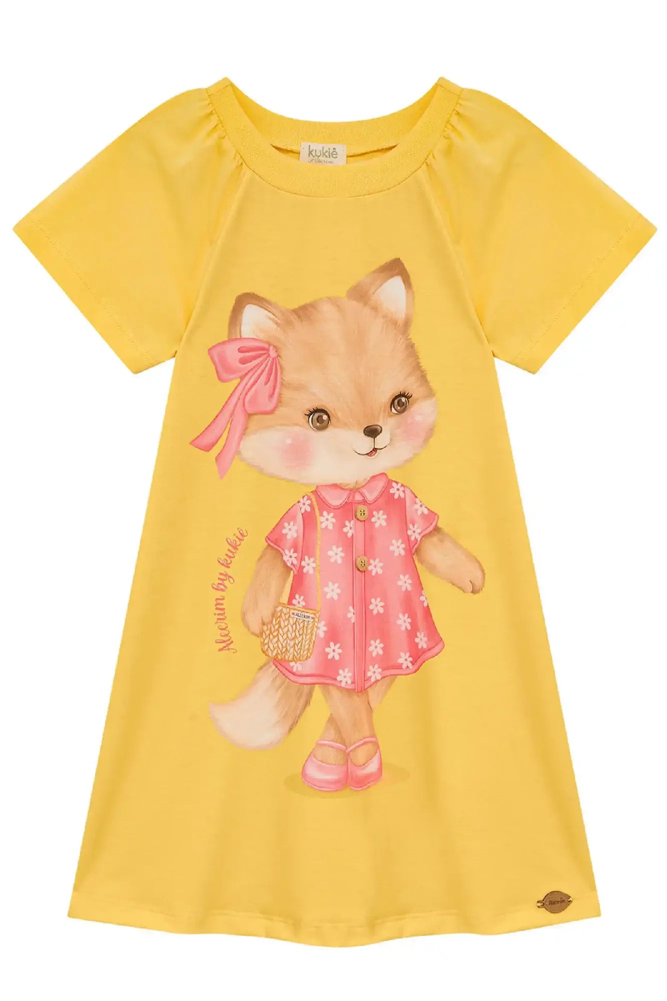 Vestido Infantil Kukiê Amarelo Raposinha com Bolsinha