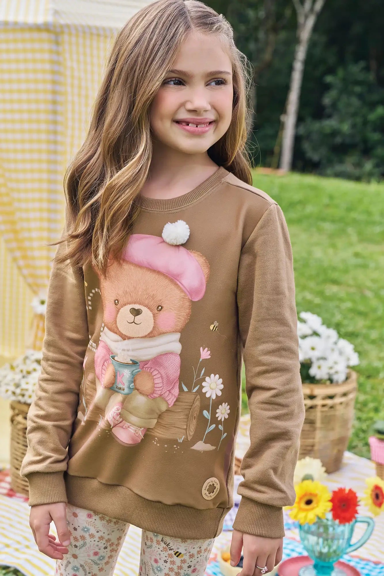 Conjunto Infantil Kukiê Inverno Legging e Moletom sem Flanela Marrom Ursinha