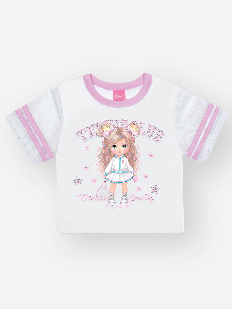 Conjunto Infantil Cinti Verão com Shorts Lilás e Blusa Branca Lider de Torcida Tennis Club