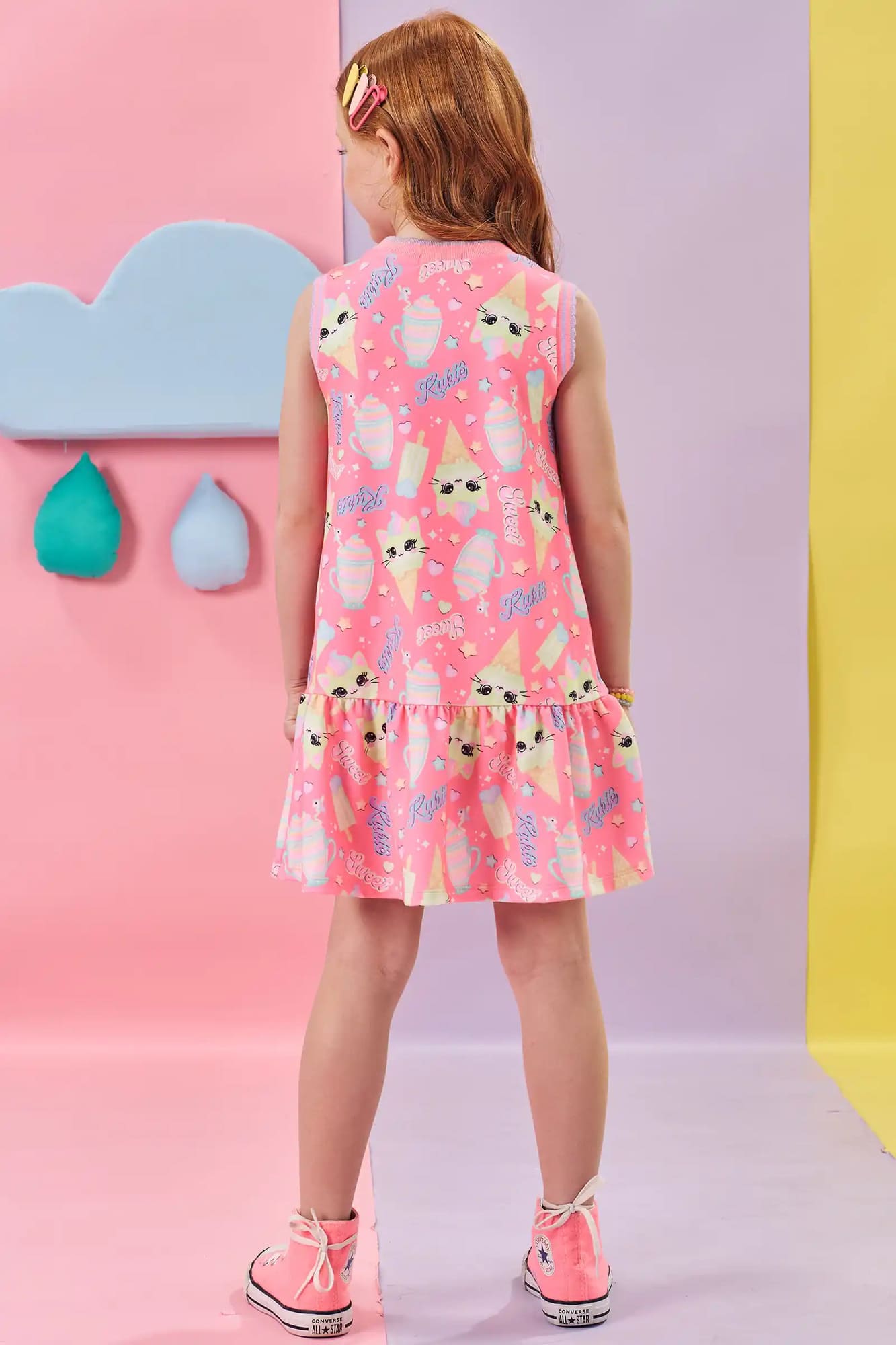 Vestido Infantil Kukiê Verão Rosa Gatinha Sorvete