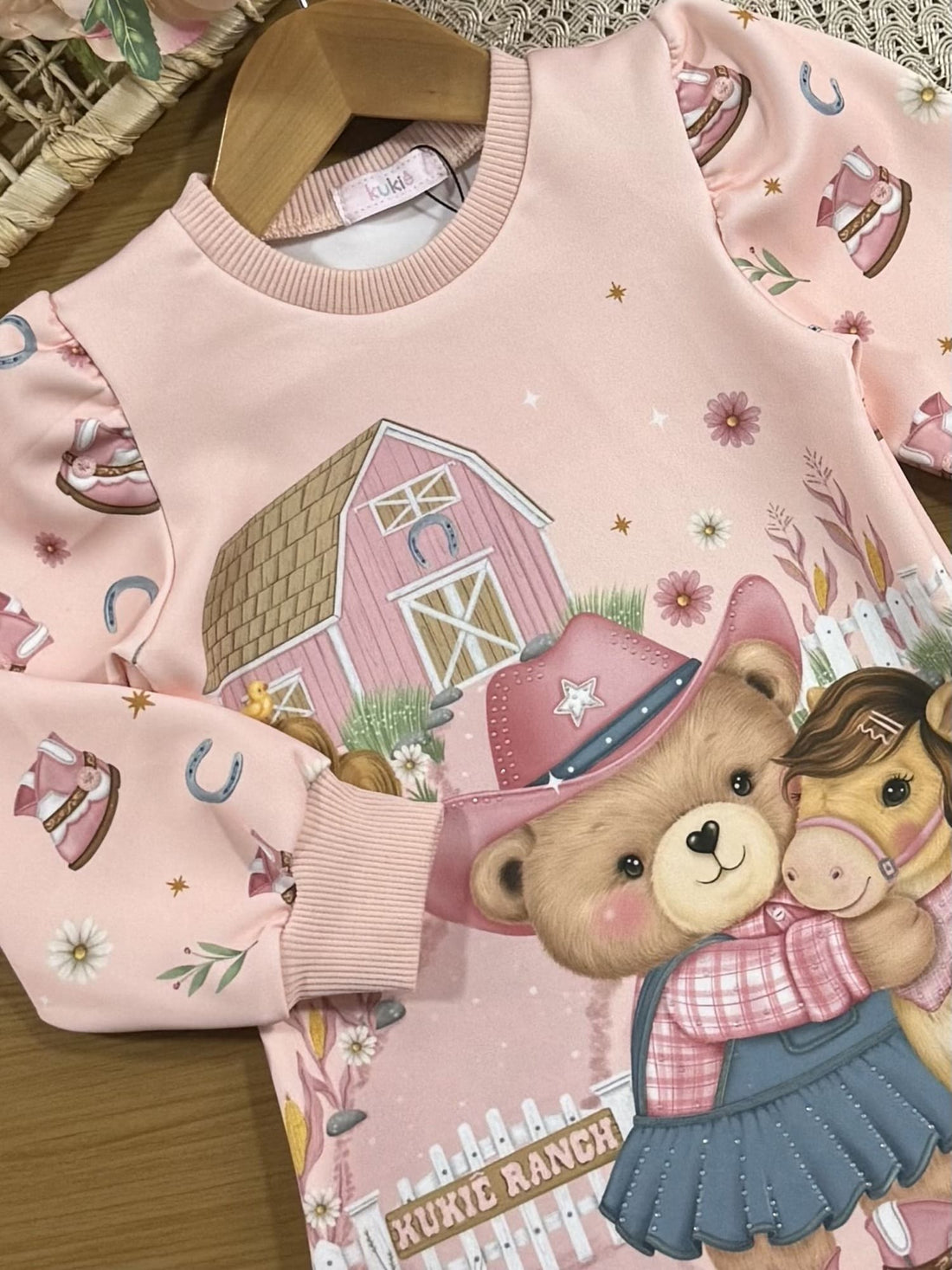Vestido Infantil Kukiê Inverno Rosa Ursinha Fazendeira