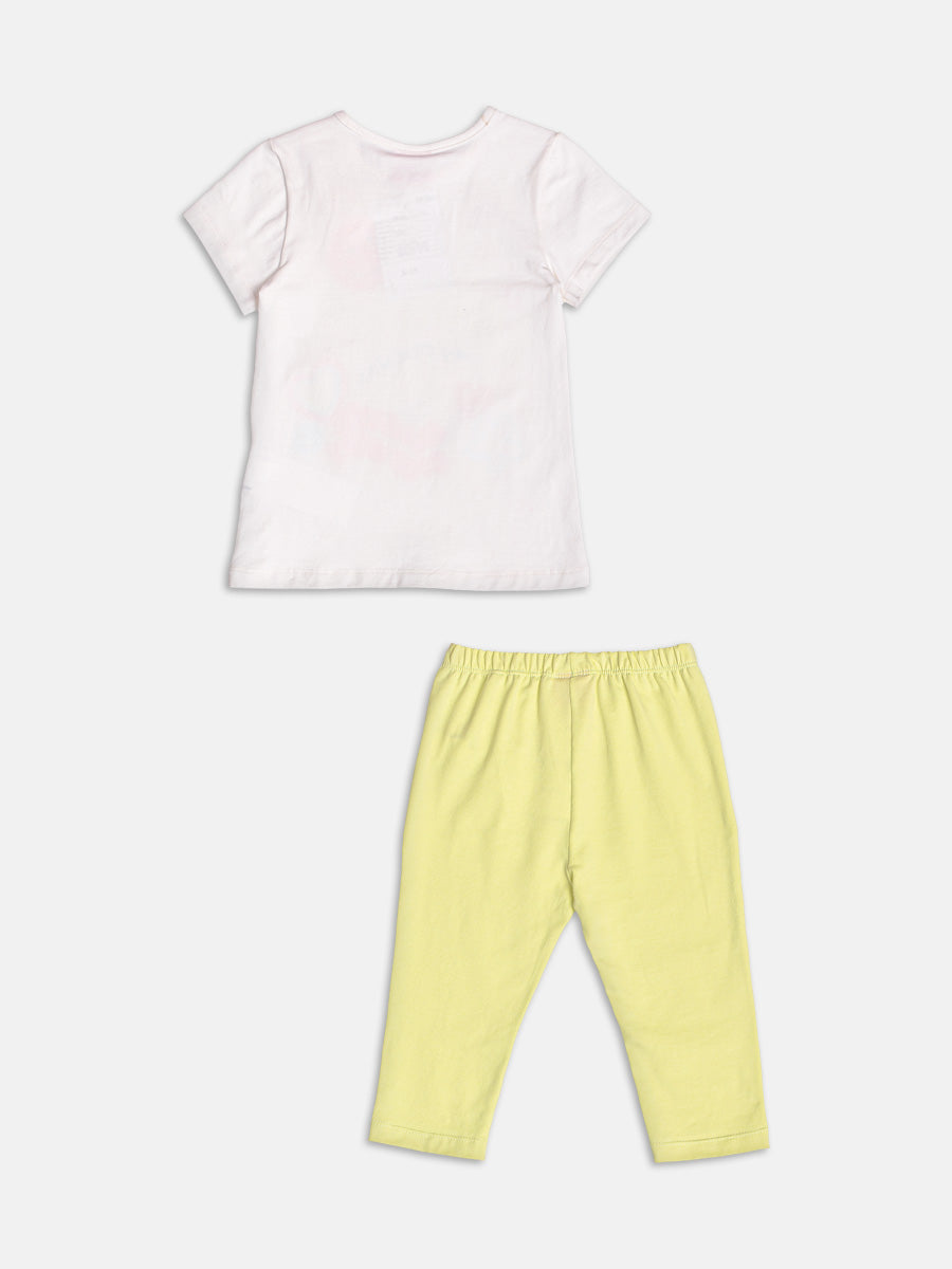 Conjunto Infantil Momi Verão com Legging Amarela e Blusa Branca Emoji My Friends