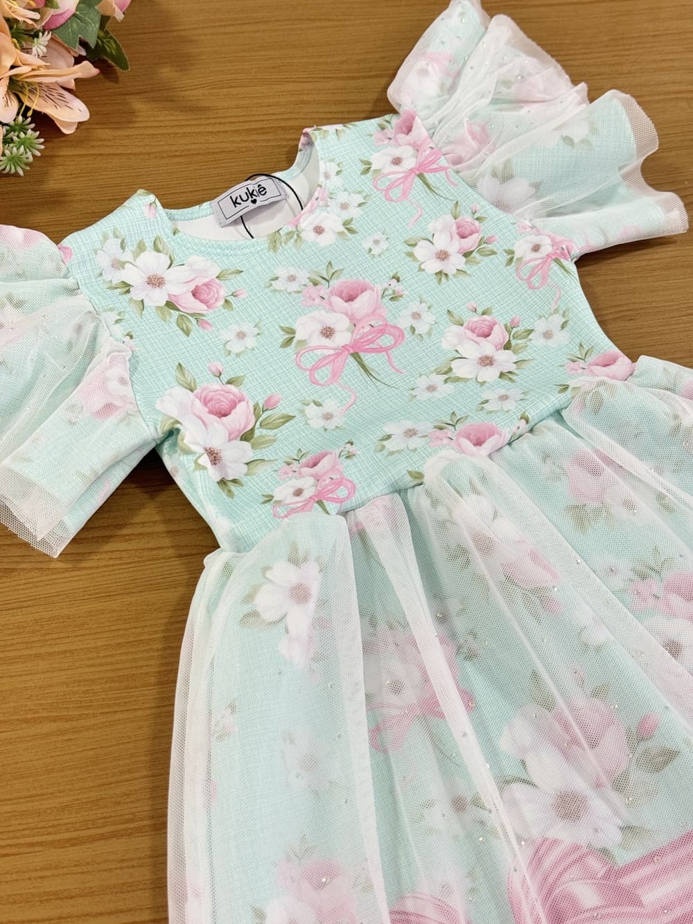 Vestido Infantil Kukie Verão Tule Verde Floral