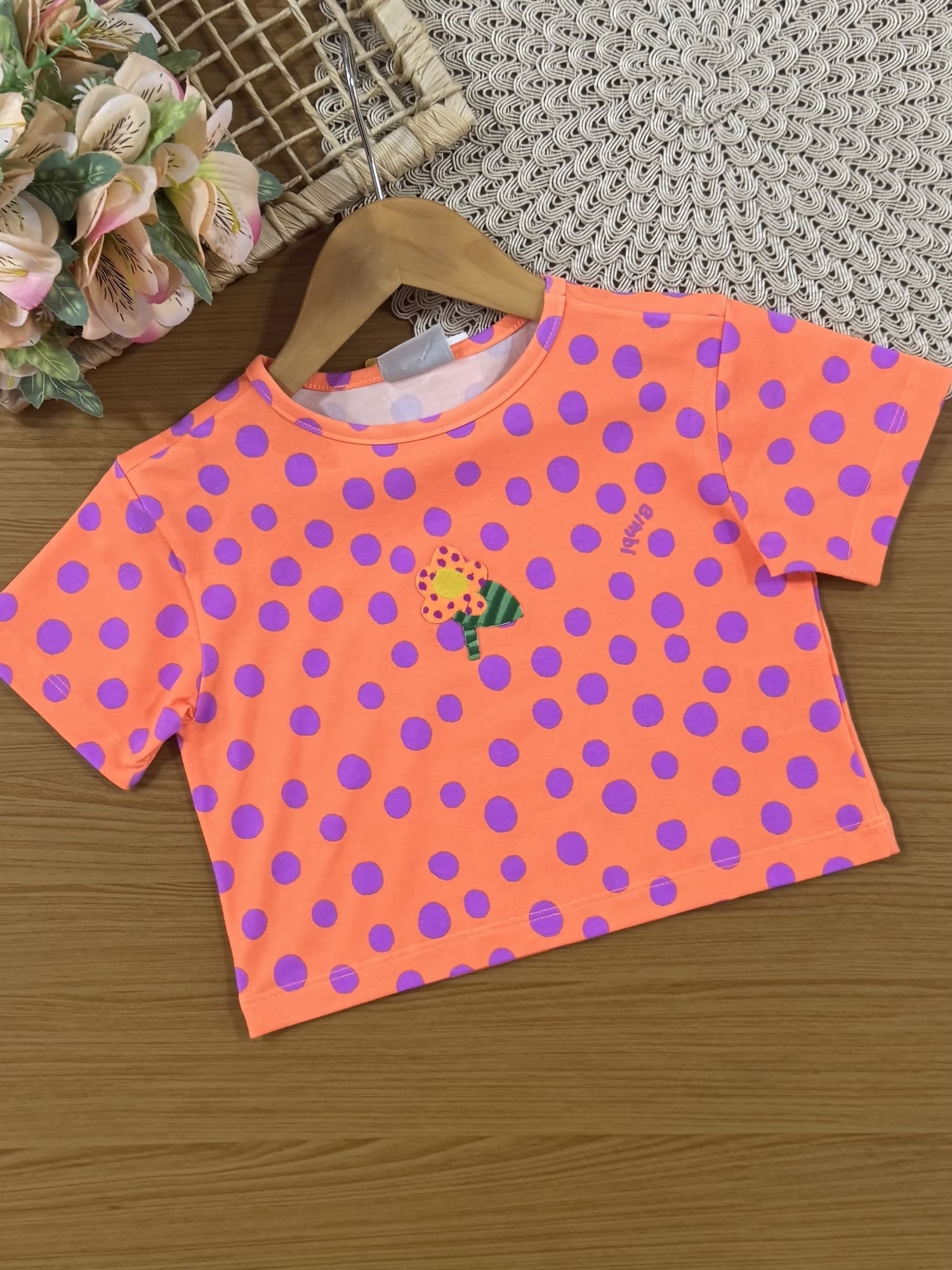 Conjunto Infantil Bimbi Verão com Shorts Lilás e Blusa Laranja Bolinhas