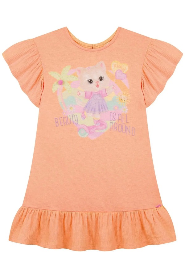 Vestido Infantil Kukiê Verão Laranja Gatinha com Strass