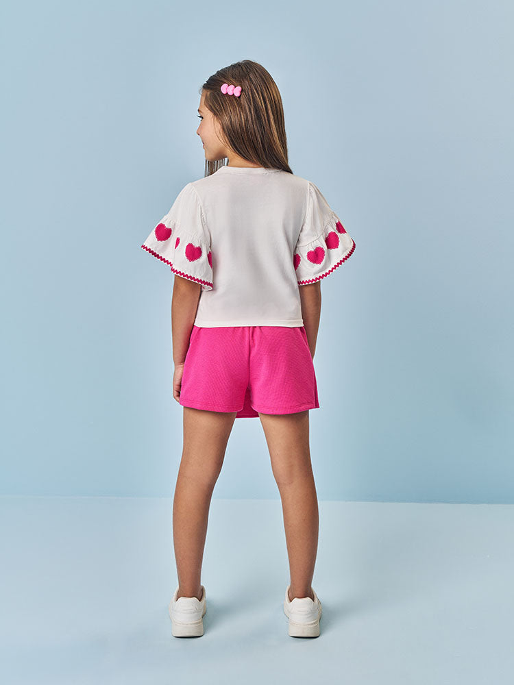 Conjunto Infantil Cinti Verão com Shorts Saia Rosa e Blusa Branca Corações