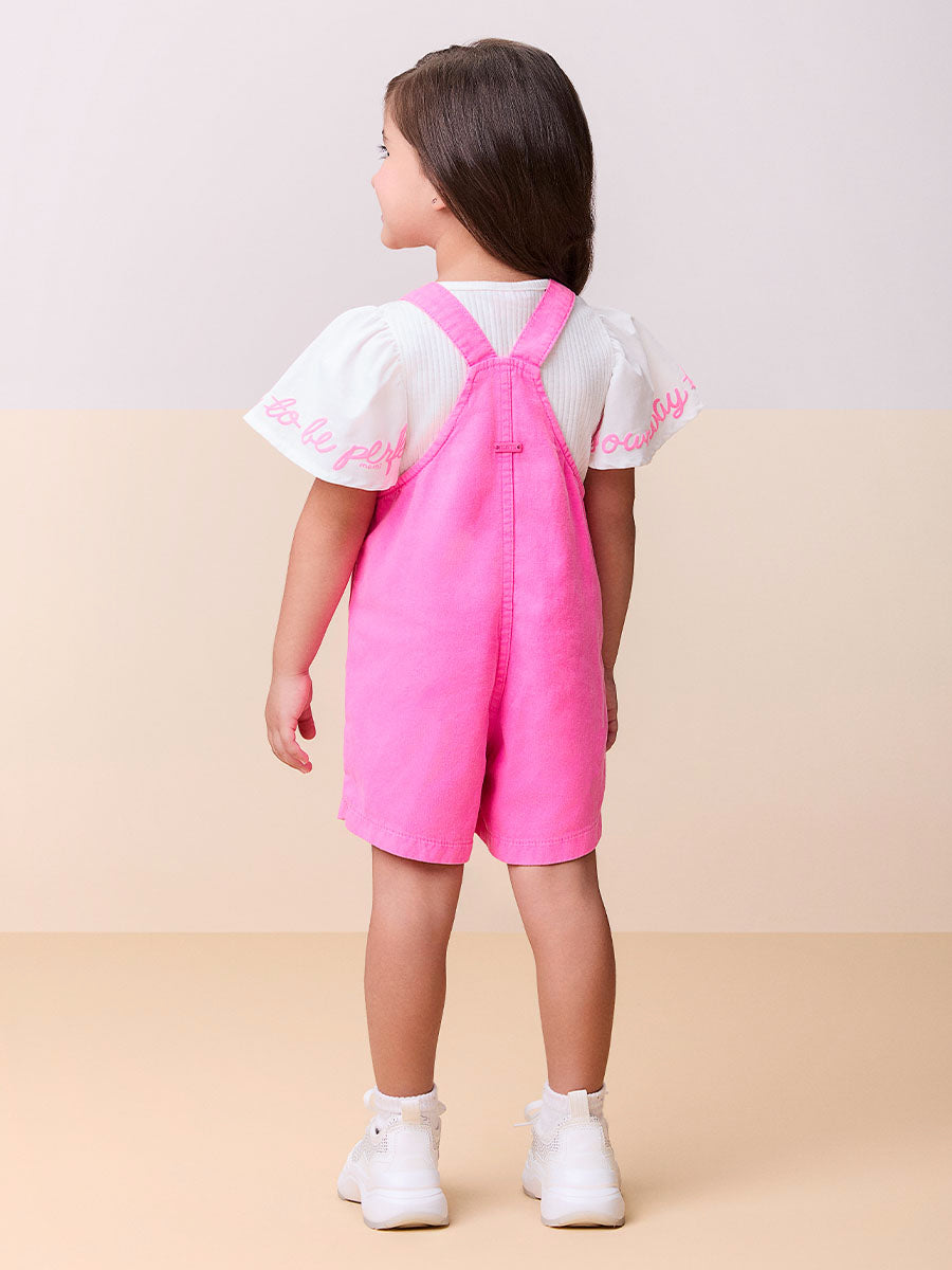 Jardineira Infantil Momi Verão Rosa Floral com Blusa Branca
