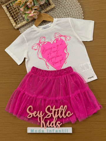 Conjunto Infantil Momi Inverno com Saia Rosa em Tule e Blusa Manga Curta Coração