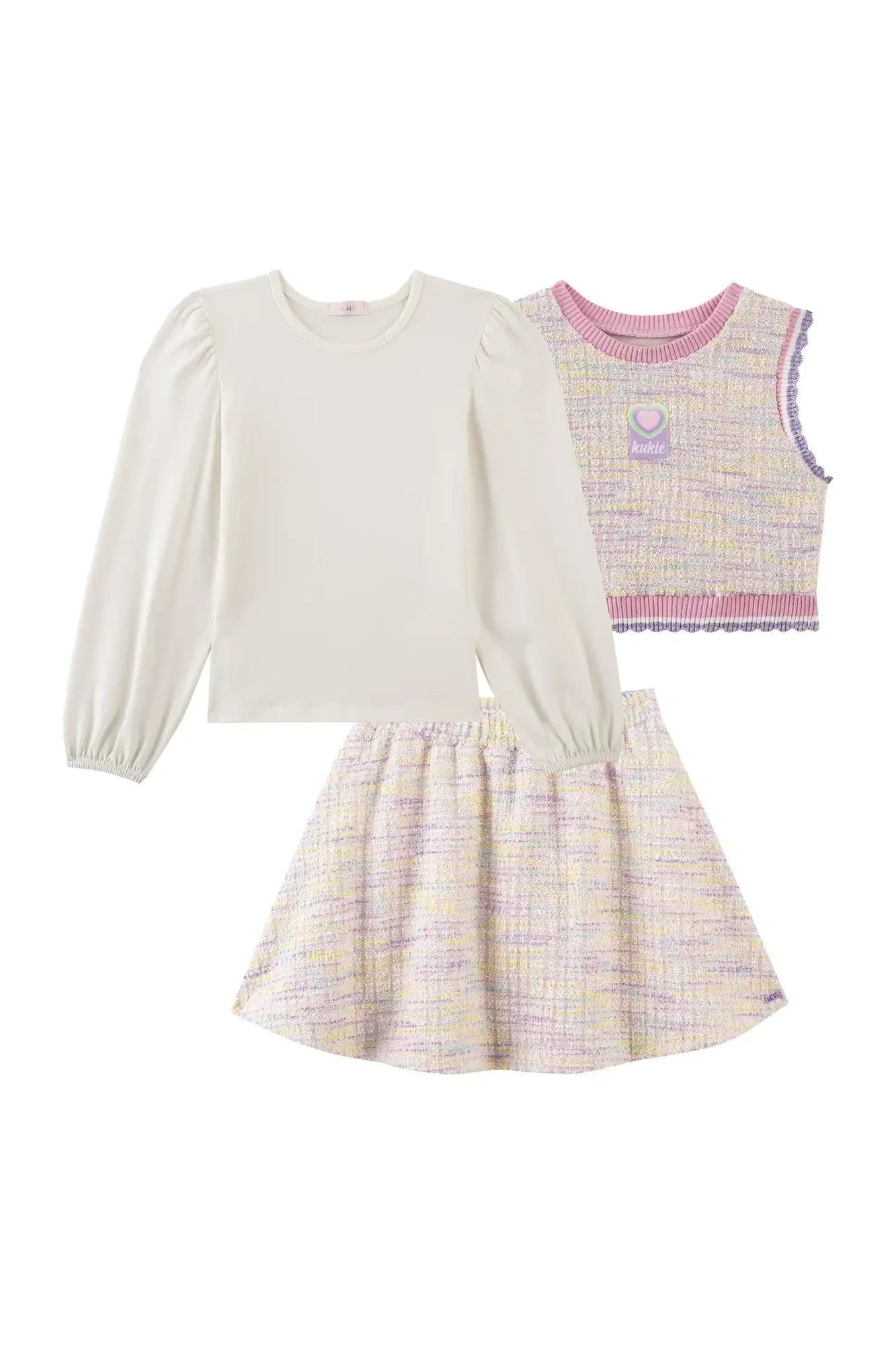 Conjunto Infantil Kukiê Inverno com Saia, Colete Tweed colorido e Blusa Manga Longa