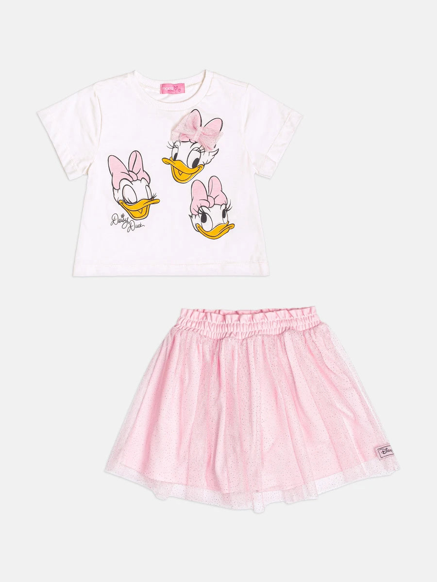 Conjunto Infantil Momi Inverno com Saia em Tule Rosa e Blusa Manga Curta Daisy Duck Disney
