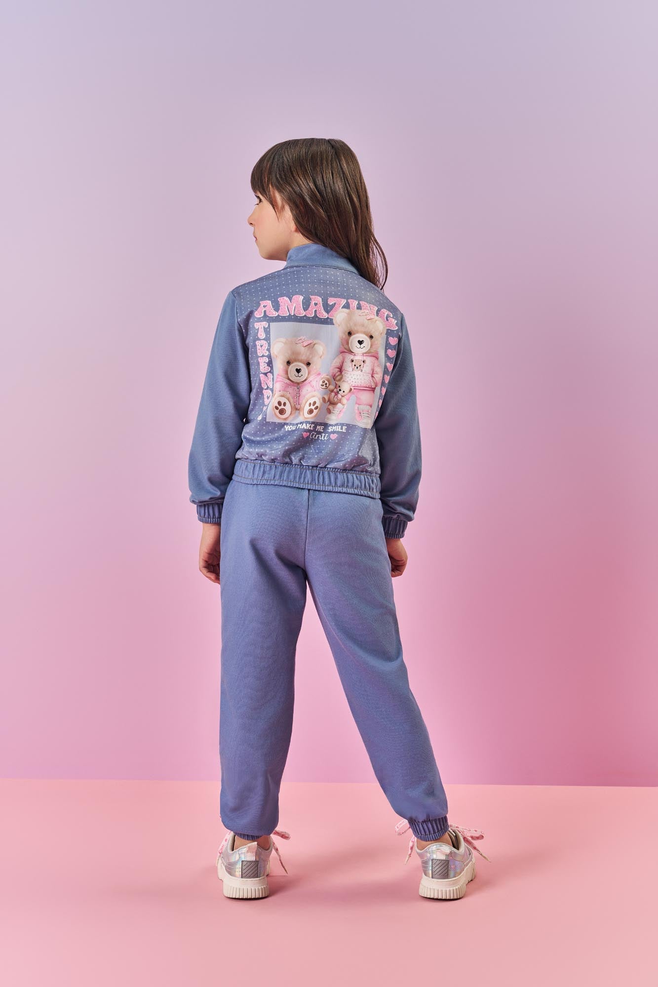 Conjunto Infantil Cinti Inverno com Calça e Jaqueta Jeans Claro Ursinhos