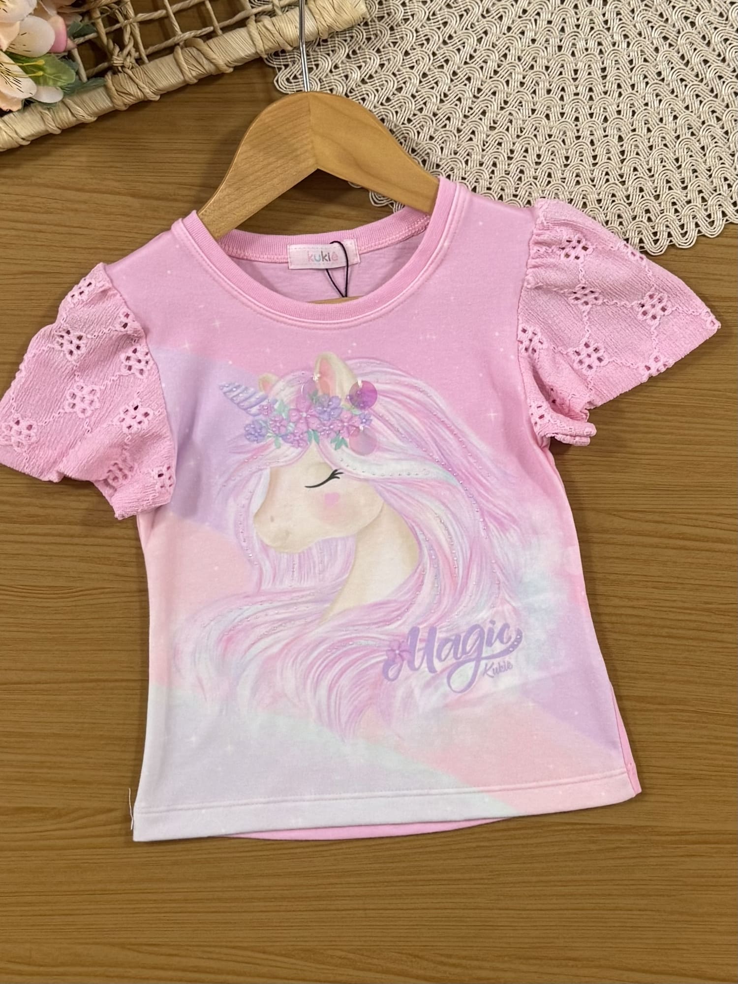 Conjunto Infantil Kukiê Verão com Shorts Lilás e Blusa Rosa Unicórnio