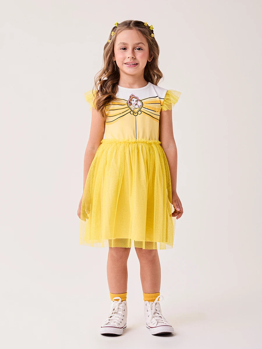 Vestido Infantil Bimbi Inverno com Tule e Brilho Amarelo Bella Disney