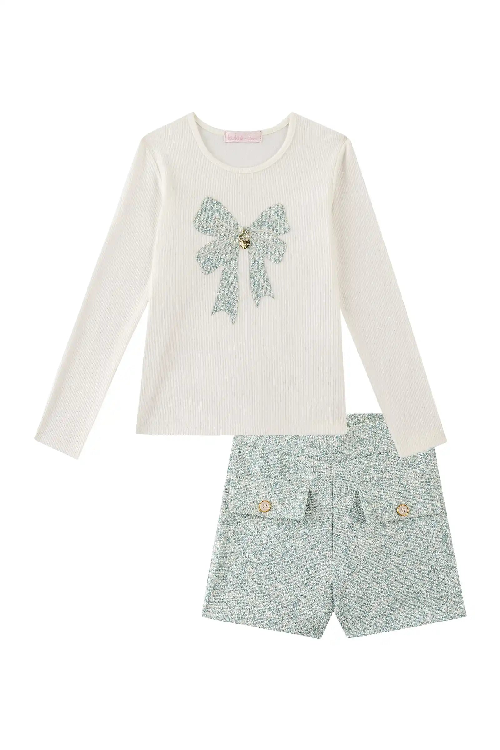 Conjunto Infantil Kukiê Inverno com Shorts Azul e Blusa Manga Longa Lacinho