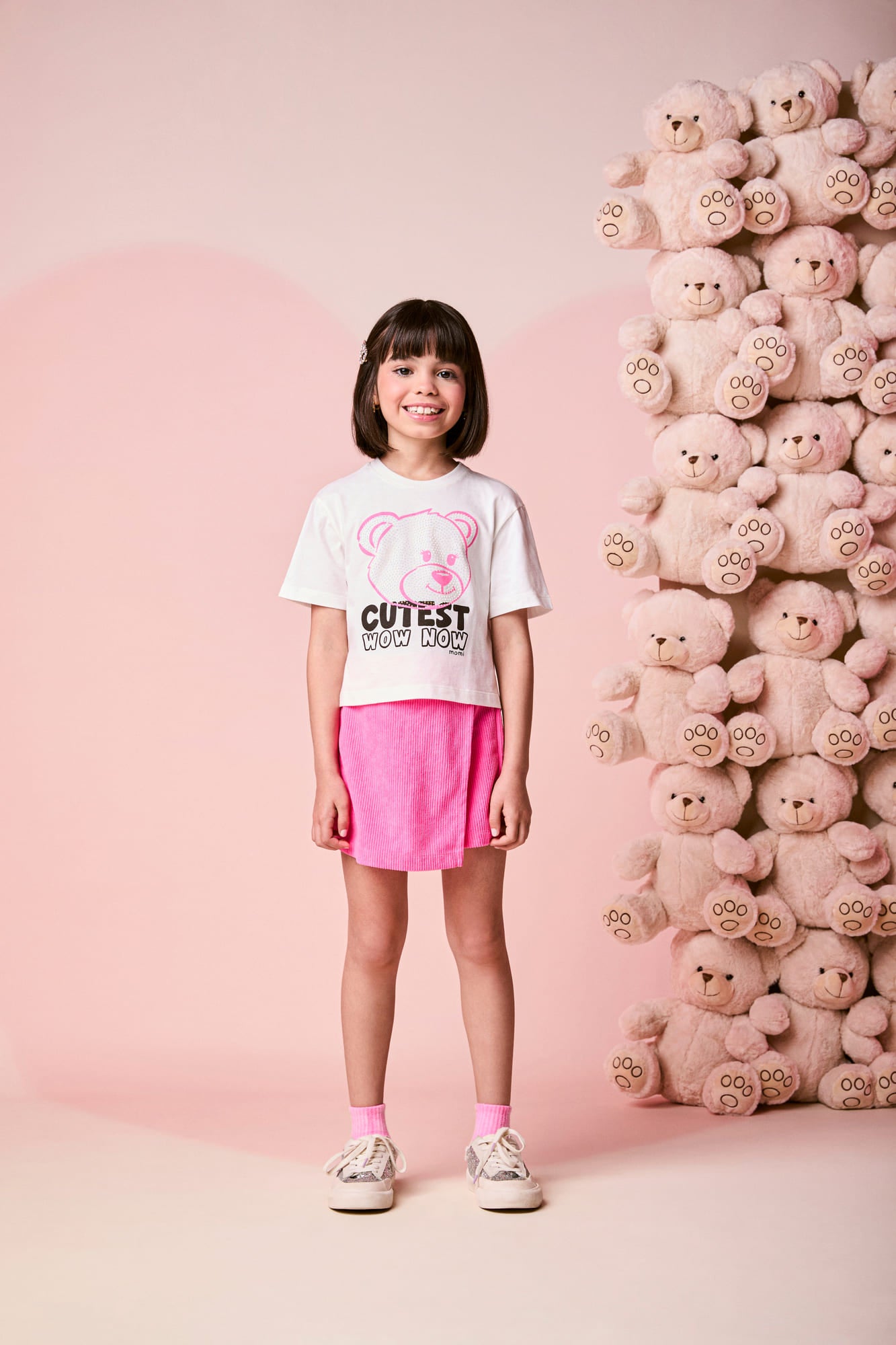 Conjunto Infantil Momi Inverno, Shorts Saia Rosa e Blusa Manga Curta Ursinha com Strass