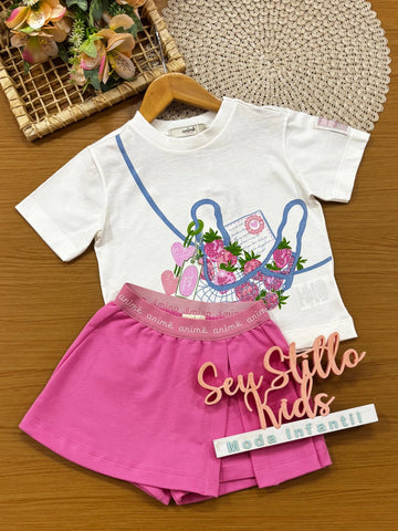 Conjunto Infantil Menina Animê com Shorts Saia Rosa e Blusa Moranguinho