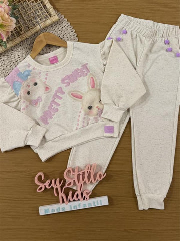 Conjunto Infantil Cinti Inverno com Calça e Moletom sem Flanela Off White Bichinhos com Strass