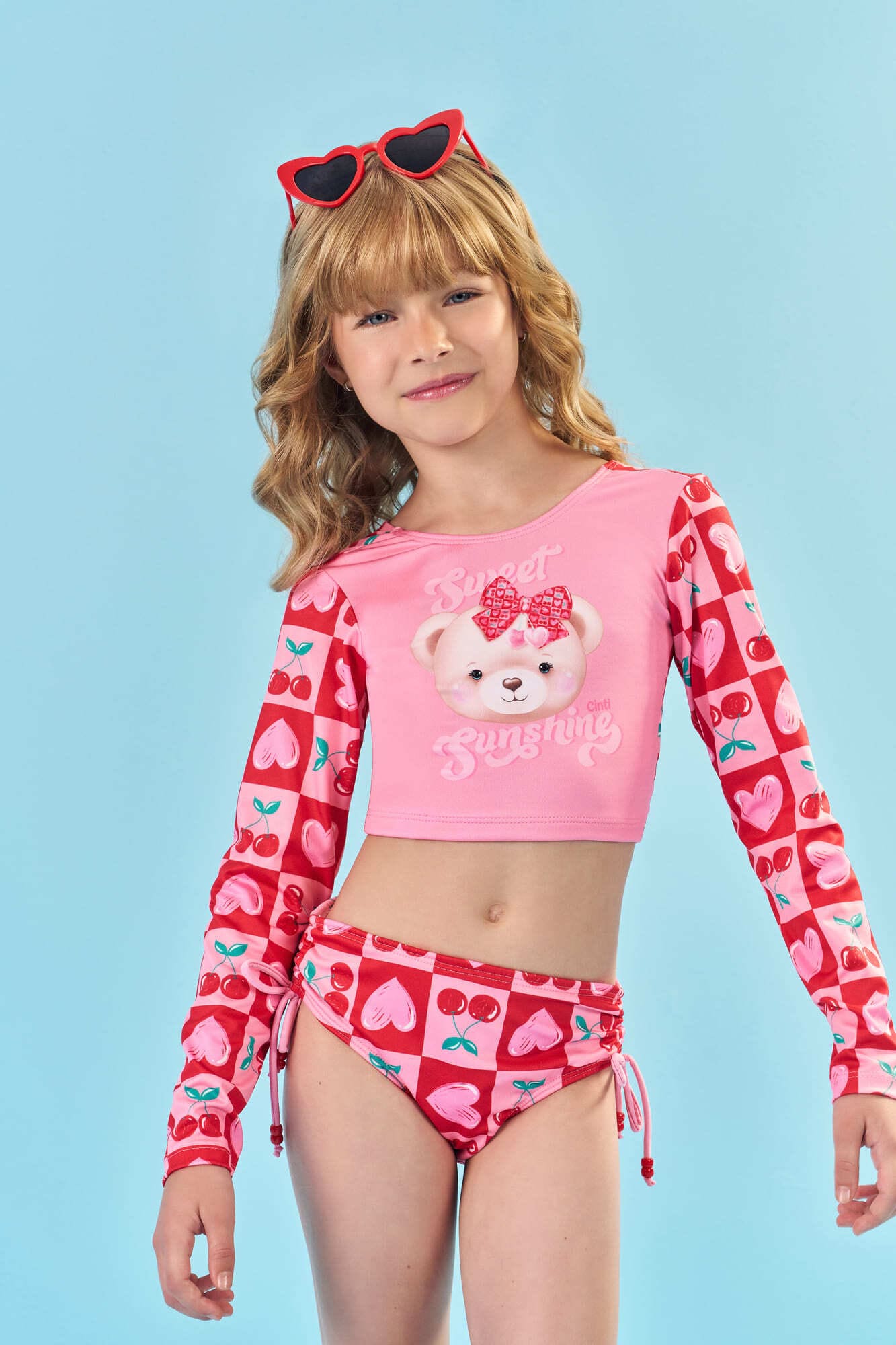 Biquíni Infantil Cinti Verão Manga Longa Rosa Ursinha