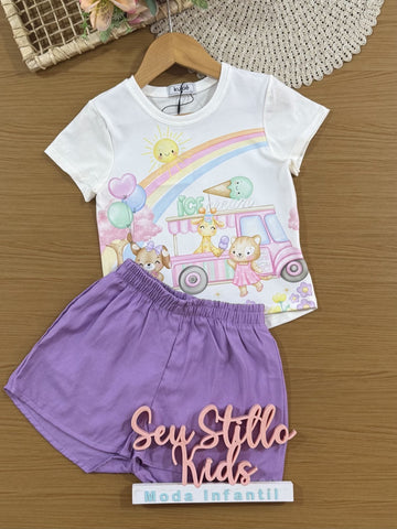 Conjunto Infantil Kukiê com Shorts Lilás e Blusa Manga Curta Ice Cream