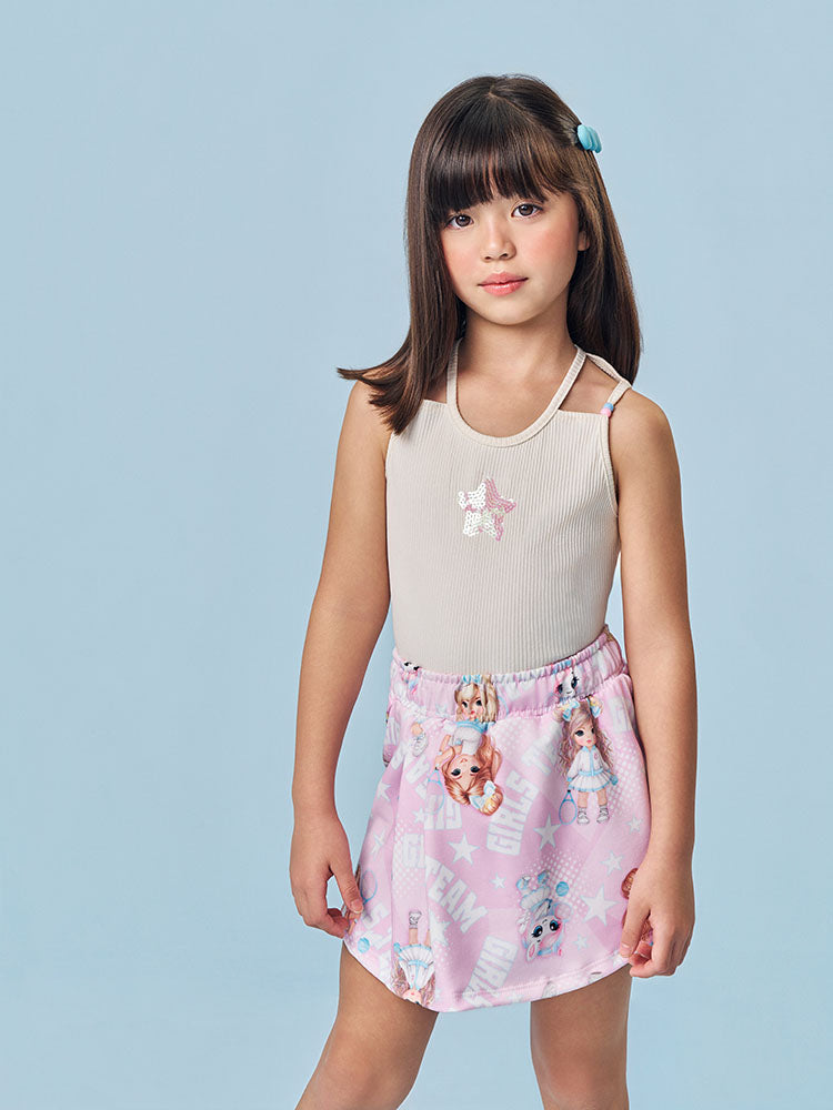 Conjunto Infantil Cinti Verão com Shorts Saia Rosa Estampado e Regata Estrelinha