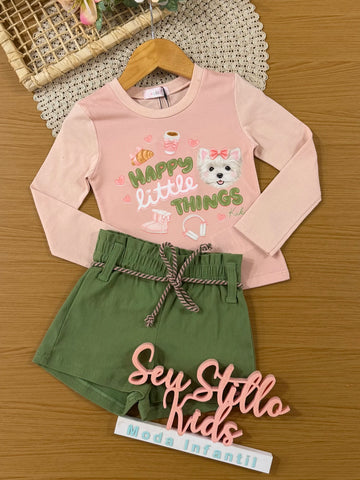 Conjunto Infantil Kukiê Invenro com Shorts Verde e Blusa Manga Longa Happy