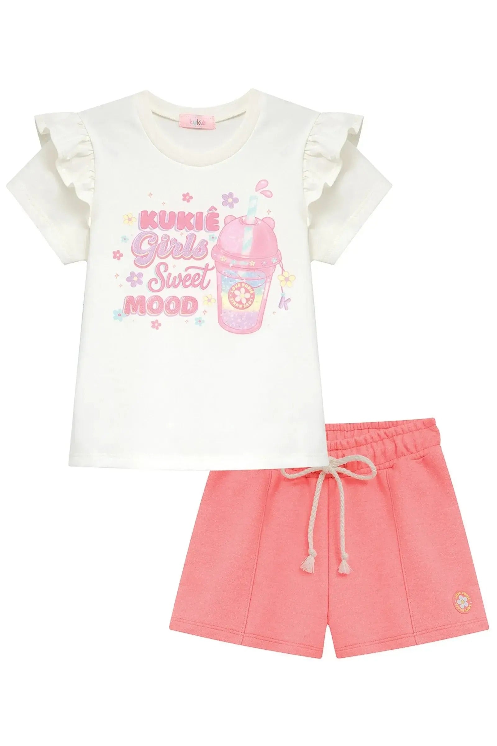 Conjunto Infantil Menina Kukiê com Shorts Rosa e Blusa Milk Shake