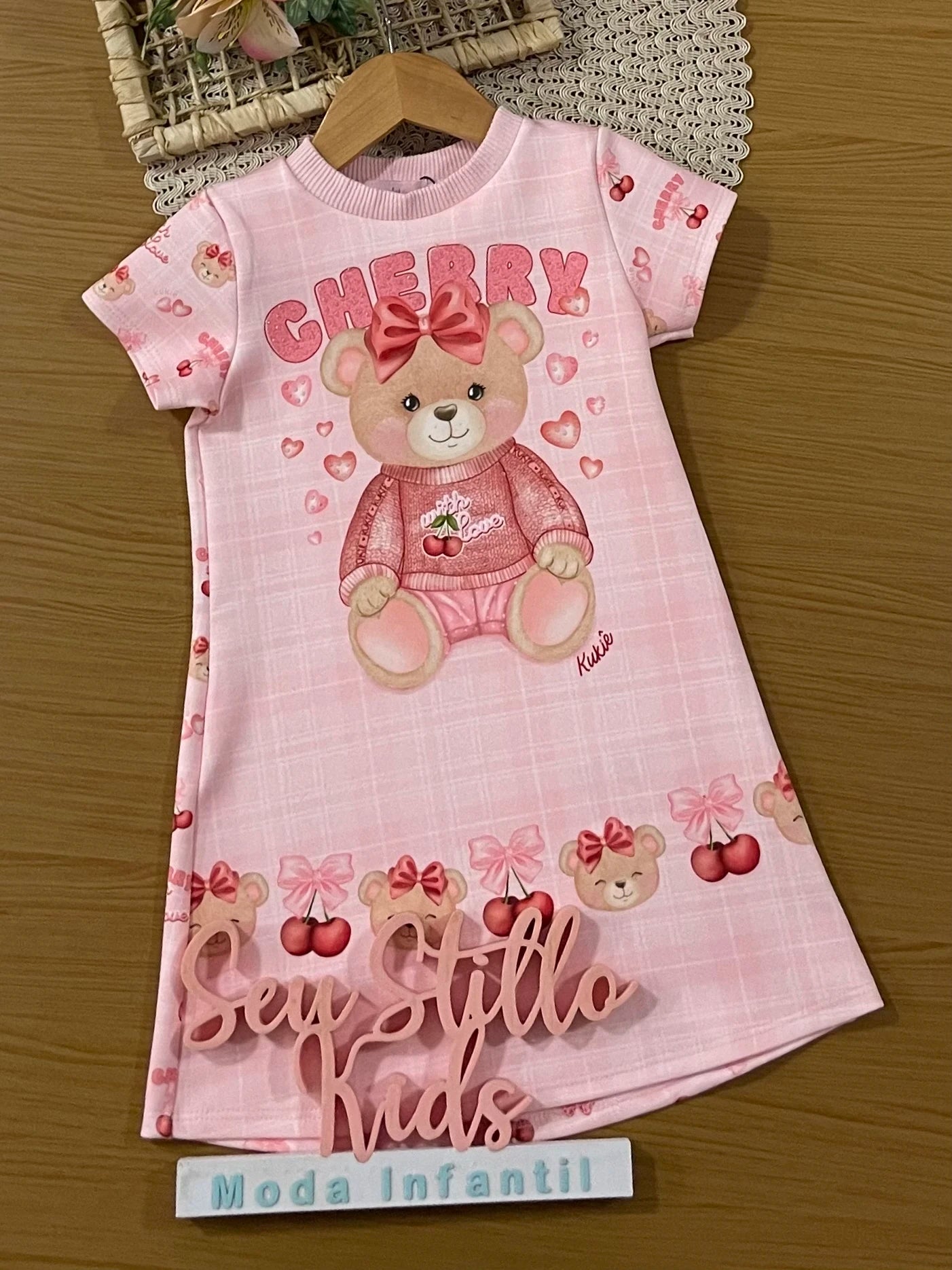 Vestido Infantil Kukiê Inverno Rosa Ursinha Cherry