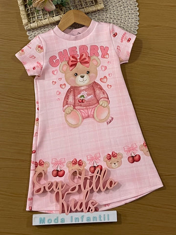 Vestido Infantil Kukiê Inverno Rosa Ursinha Cherry