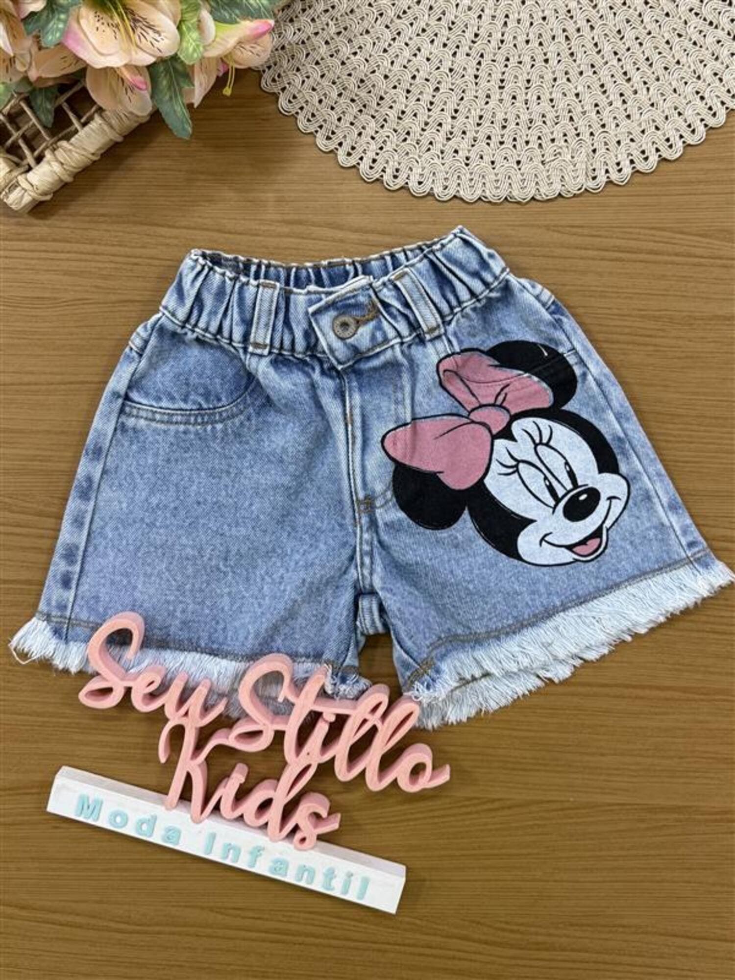 Shorts Infantil Animê Verão Jeans Minnie Disney