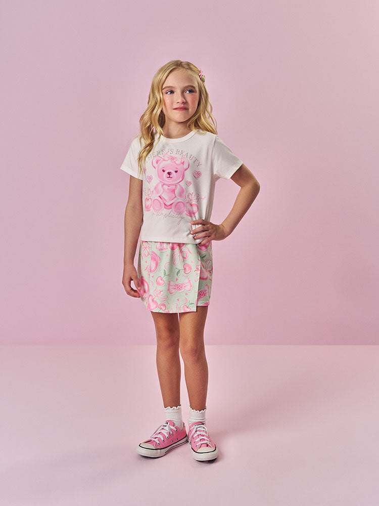 Conjunto Infantil Cinti Verão com Shorts Saia Verde e Blusa Branca Ursinha Docinho