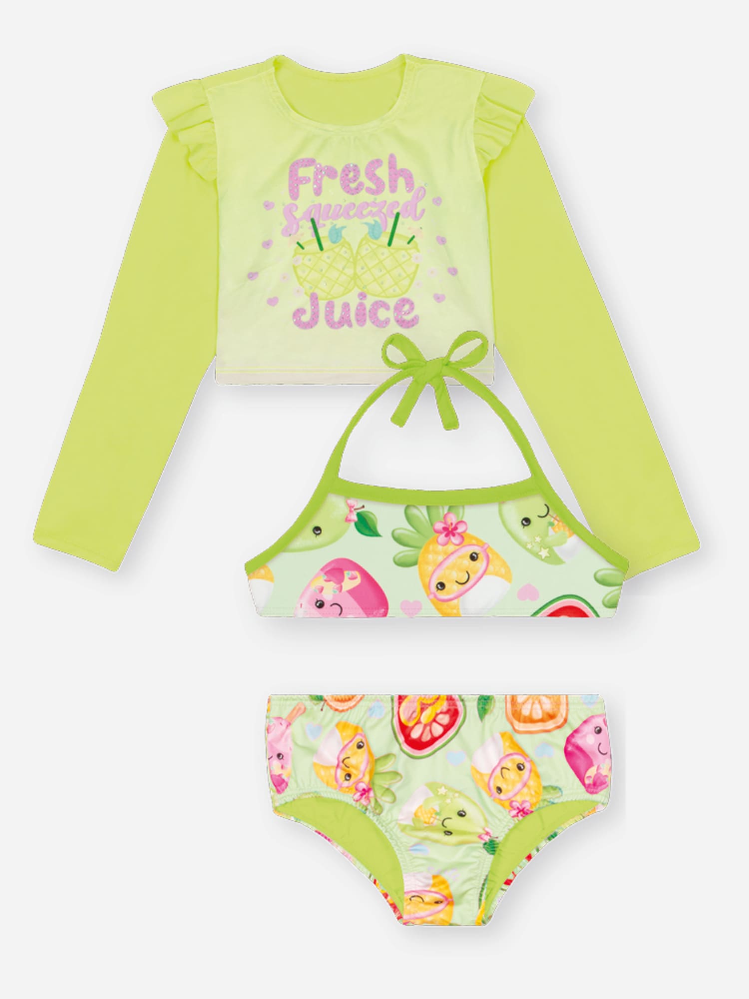 Biquíni Infantil Cinti Verão com Cropped  Manga Longa Verde Neon Fresh