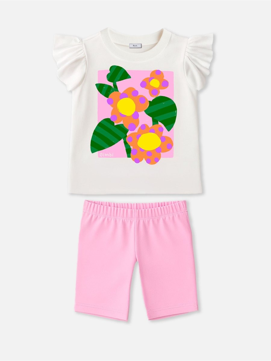 Conjunto Infantil Bimbi Verão com Shorts Ciclista Rosa e Blusa Branca Floral