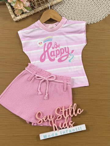 Conjunto Infantil Kukiê Verão com Short-Saia e Blusa Rosa Be Happy