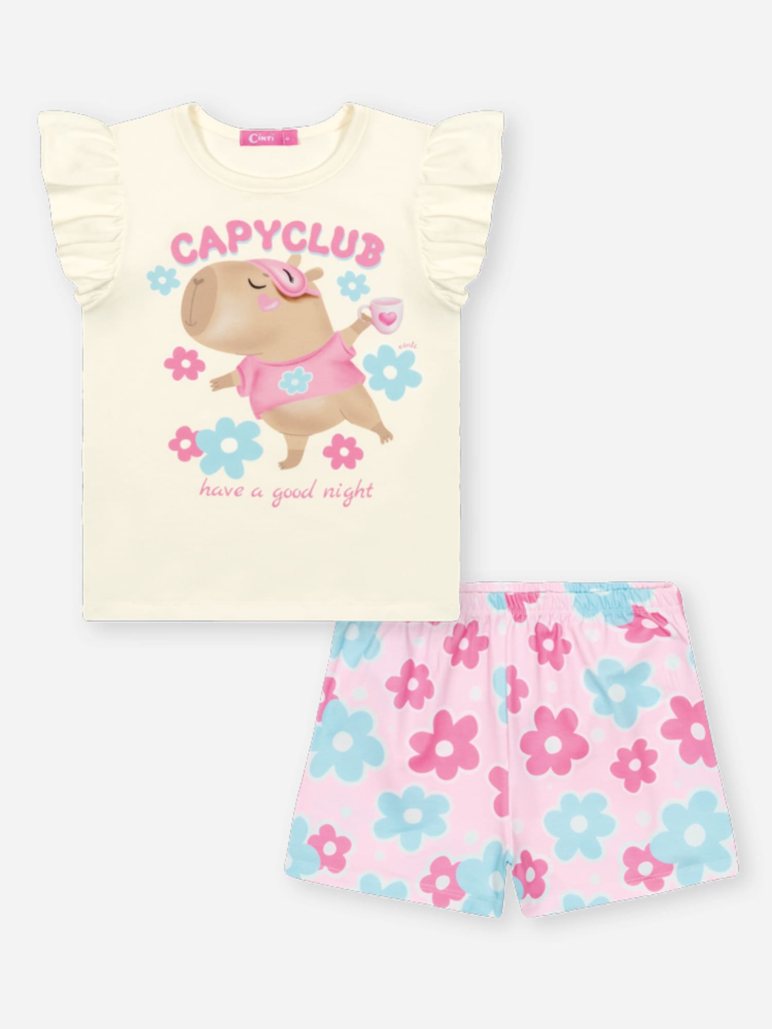 Pijama Infantil Cinti Verão com Shorts Rosa e Blusa Branca Capivara