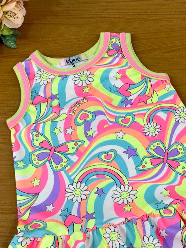 Vestido Infantil Kukie Verão Borboleta Neon