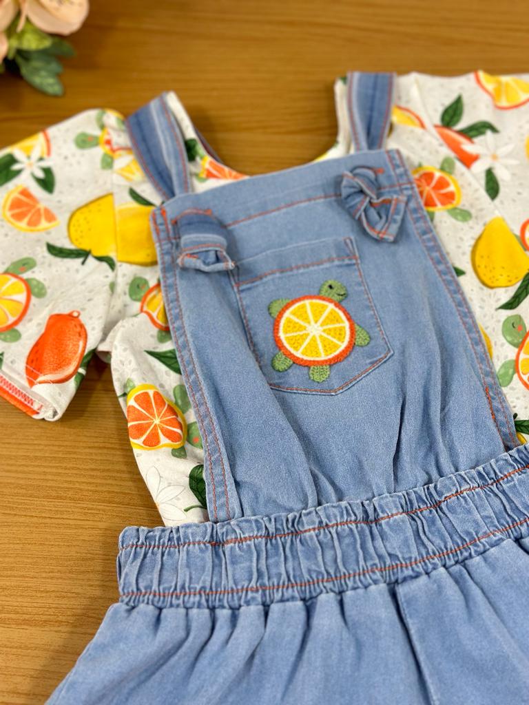 Jardineira Infantil Kukie Alecrim Verão Com Blusa Frutas