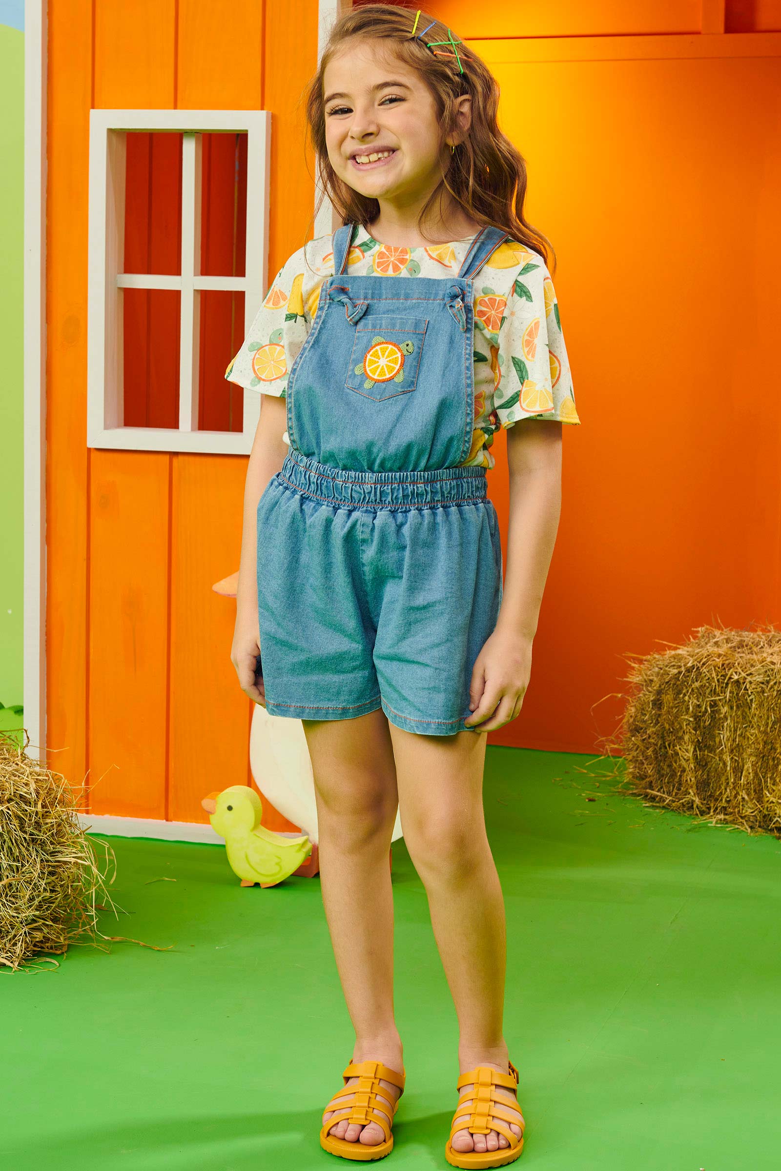 Jardineira Infantil Kukie Alecrim Verão Com Blusa Frutas