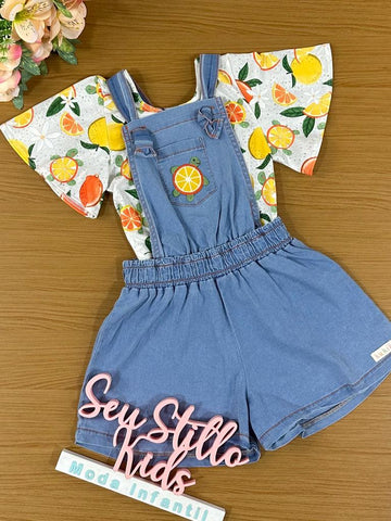 Jardineira Infantil Kukie Alecrim Verão Com Blusa Frutas