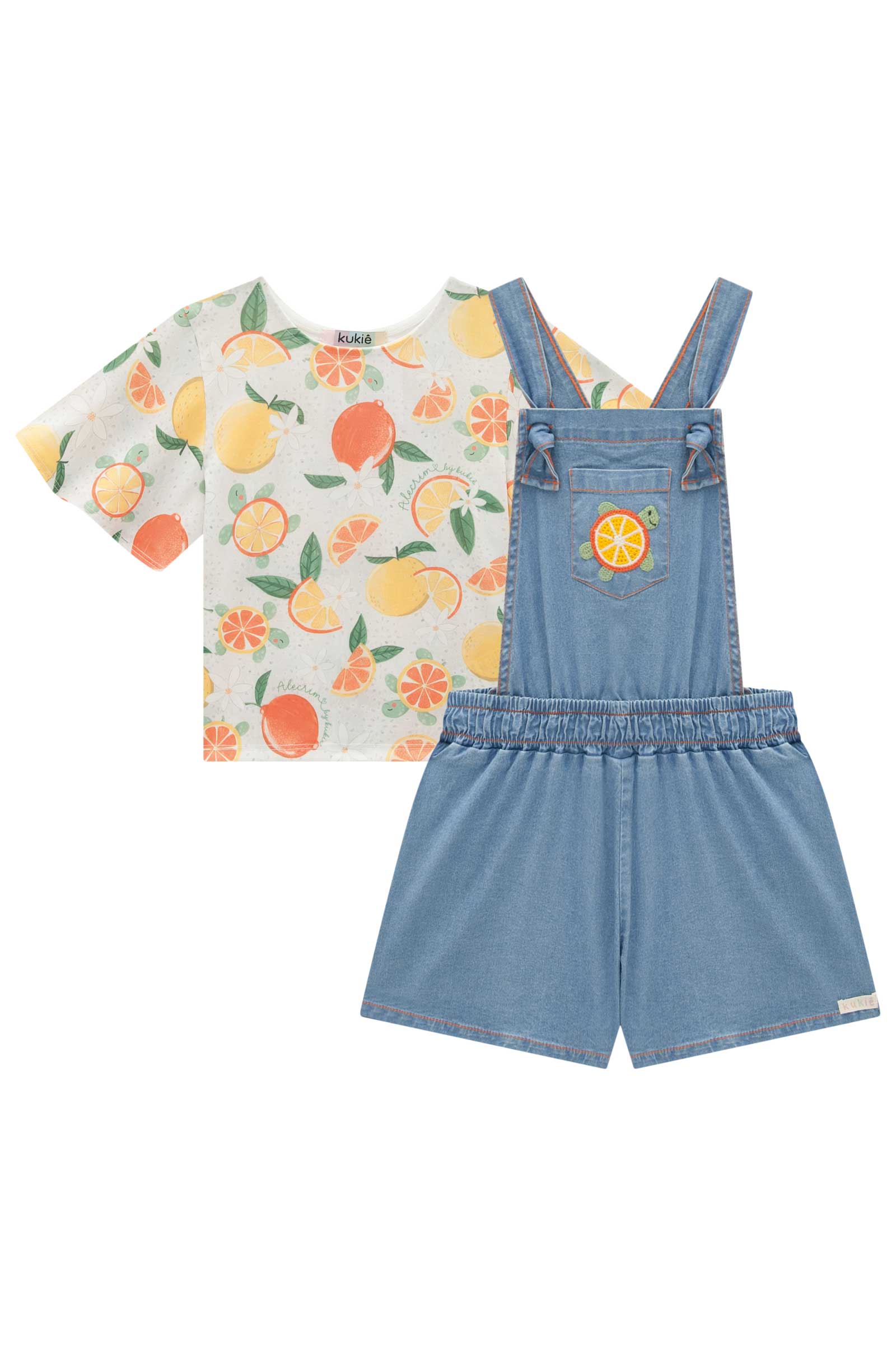 Jardineira Infantil Kukie Alecrim Verão Com Blusa Frutas