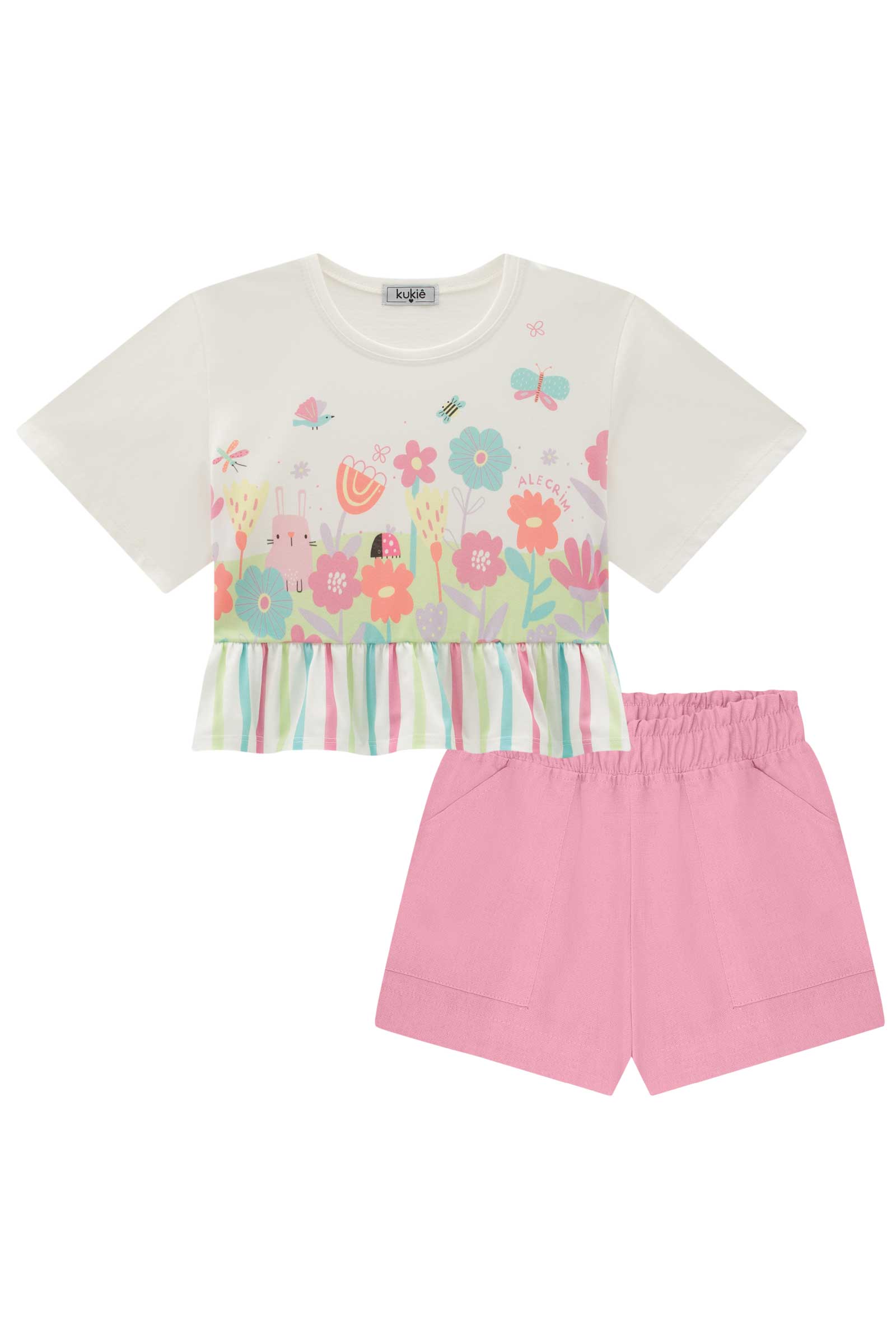 Conjunto Infantil Kukie Alecrim Verão Com Shorts e Blusa Floresta Rosa