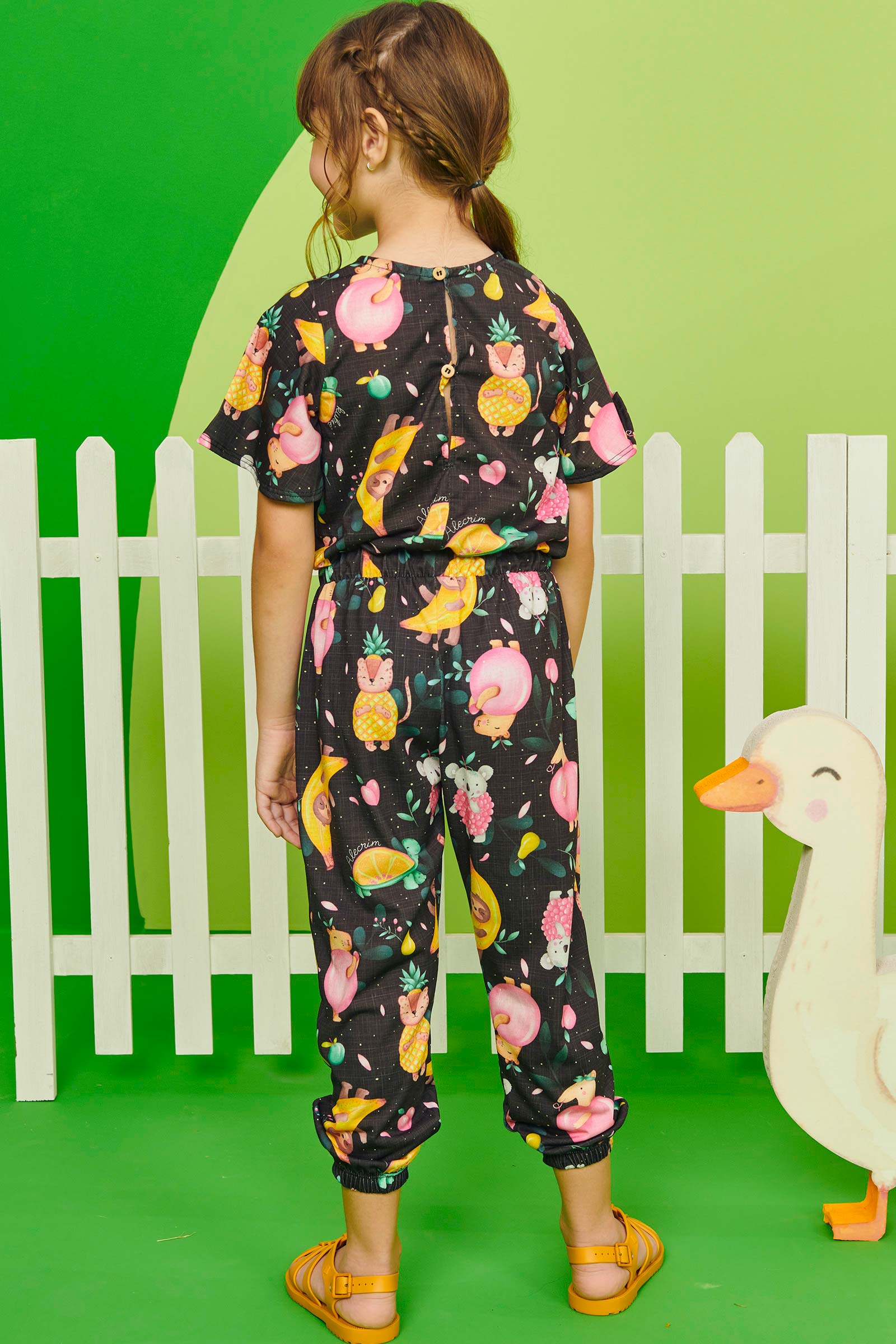 Macacão Infantil Kukie Verão Preto Frutas Divertidas